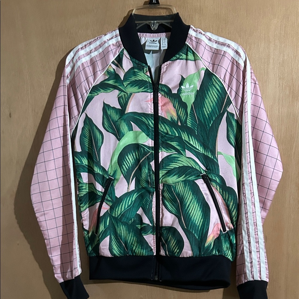 Adidas Women's Pink and Green Leaf Bomber Jacket